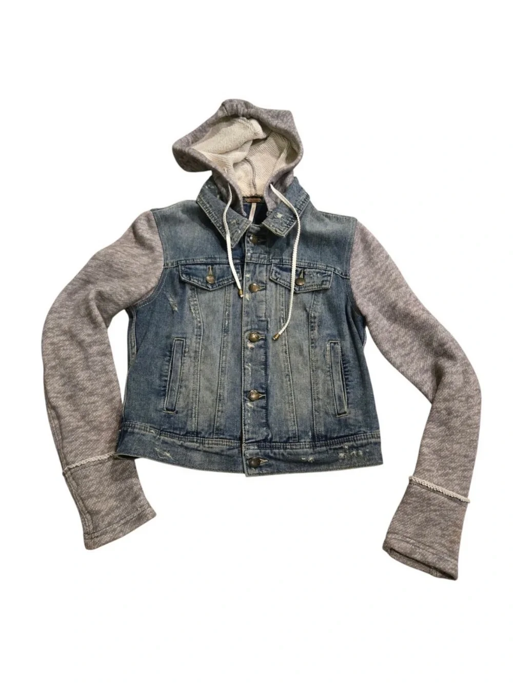 Free People | Distressed Knit Sleeve Denim Jacket S Grunge Hooded Streetwear - Picture 2 of 14